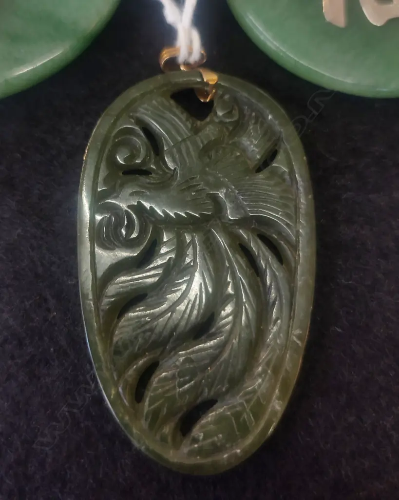 3 ORIENTAL DYED QUARTZ ? PENDANTS; 55 / 48mm dia + OVAL CARVED PHOENIX Image 1++