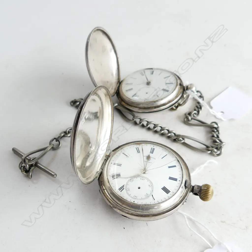 2 HALLMARKED STG SILVER POCKET WATCHES; 1 w. SILVER? ALBERT CHAIN Image 1++
