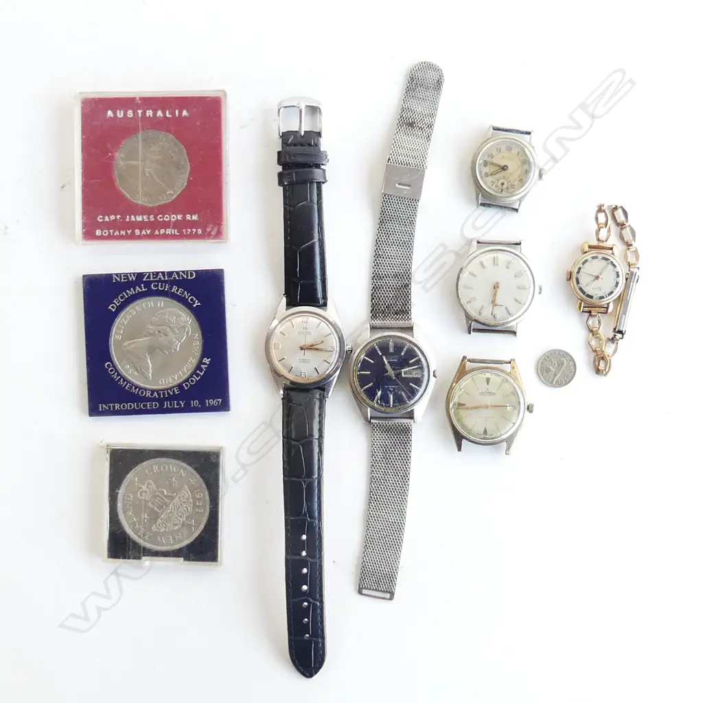 6 VINTAGE WRISTWATCHES & 3 COINS: SEIKO 19 JEWEL +  Image 1++