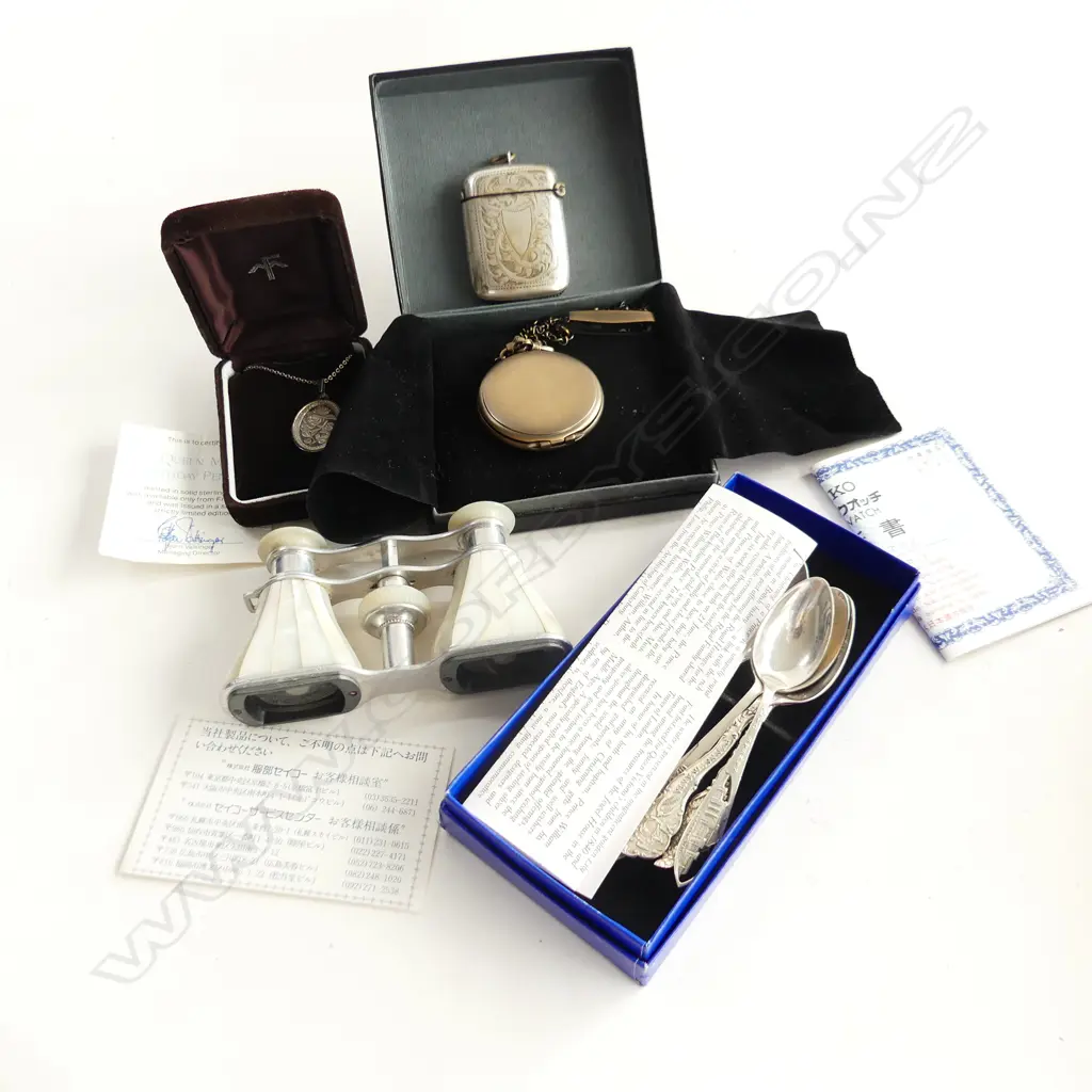 MOP OPERA GLASSES + SILVER SPOONS & LOCKET + plated POCKET WATCH + VESTA Image 1++