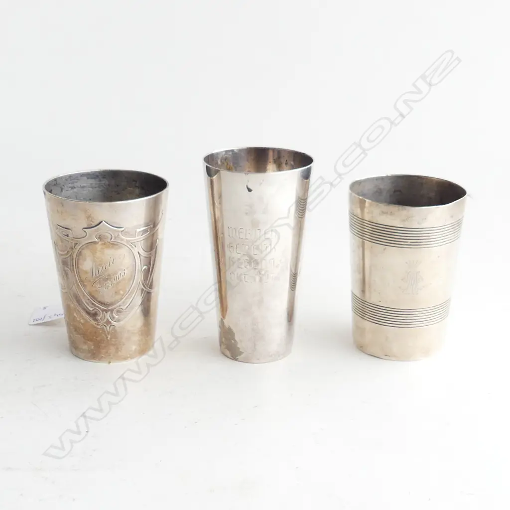 3 GERMAN 800 SILVER BEAKERS; 'MARIE 7.6.1903' H.85mm 295 GRAMS Image 1++