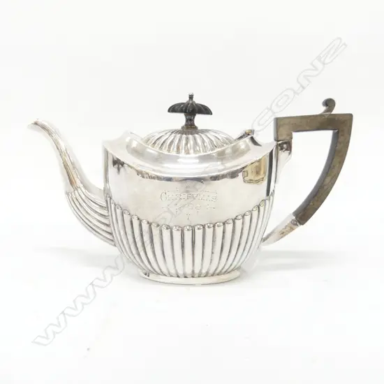 STG SILVER TEAPOT, J. H. POTTER SHEFFIELD ENGRAVED 'CHRISTMAS 1909' & CREST 267GMS