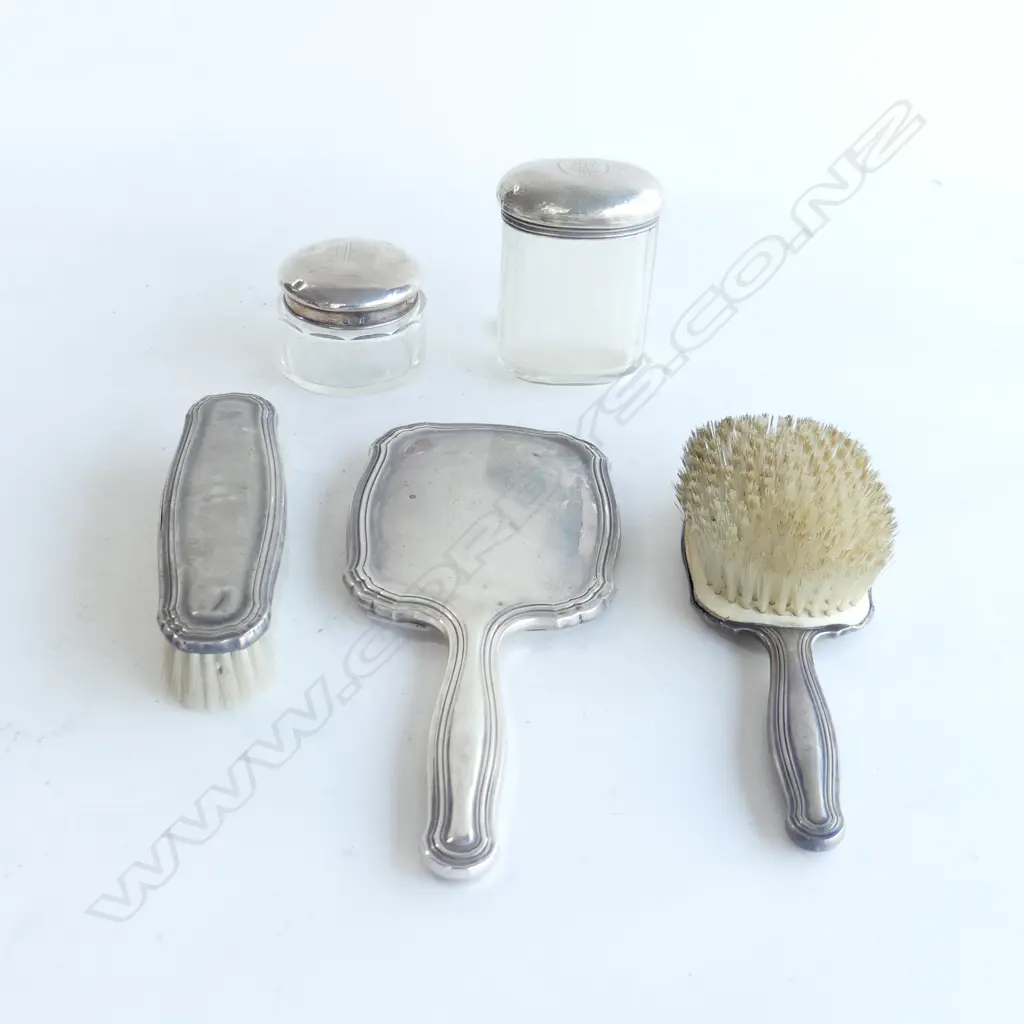GERMAN 835 SILVER DRESSING SET; MIRROR + 2 BRUSHES + 2 STG CRYSTAL CONTAINERS; LONDON, B'HAM Image 1++