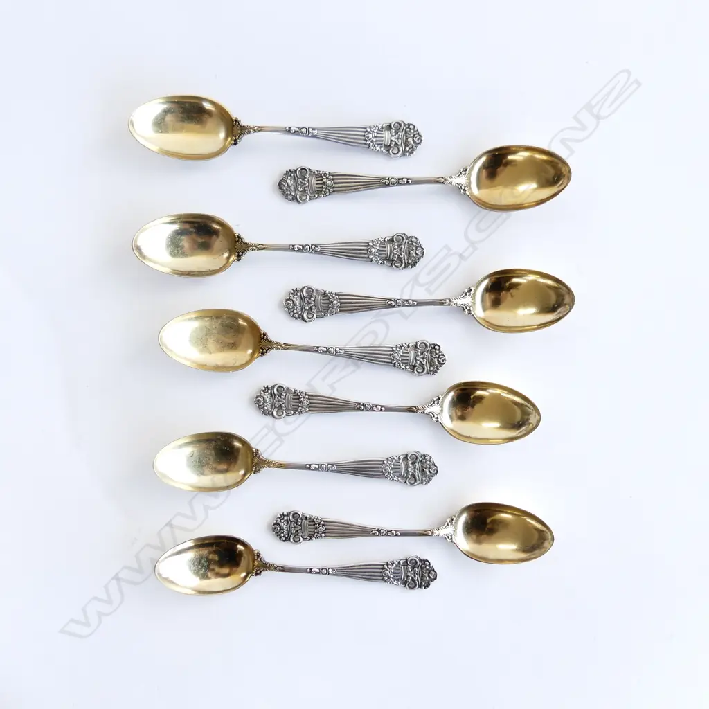 9 AMERICAN STERLING FANCY COFFEE SPOONS GILDED BOWLS 103gms. Image 1++