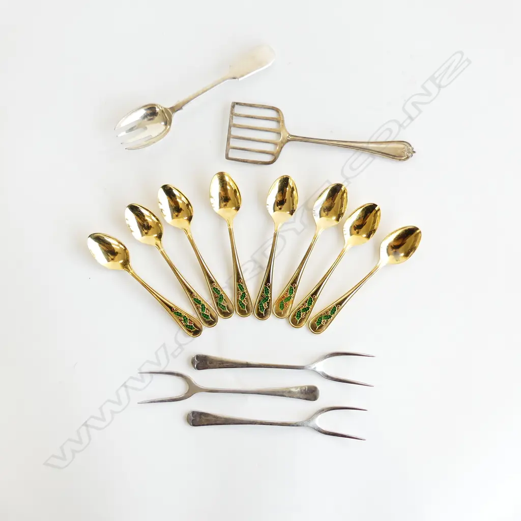 ASST SILVER PLATE & GILT SPOONS & SERVING FORKS  Image 1++