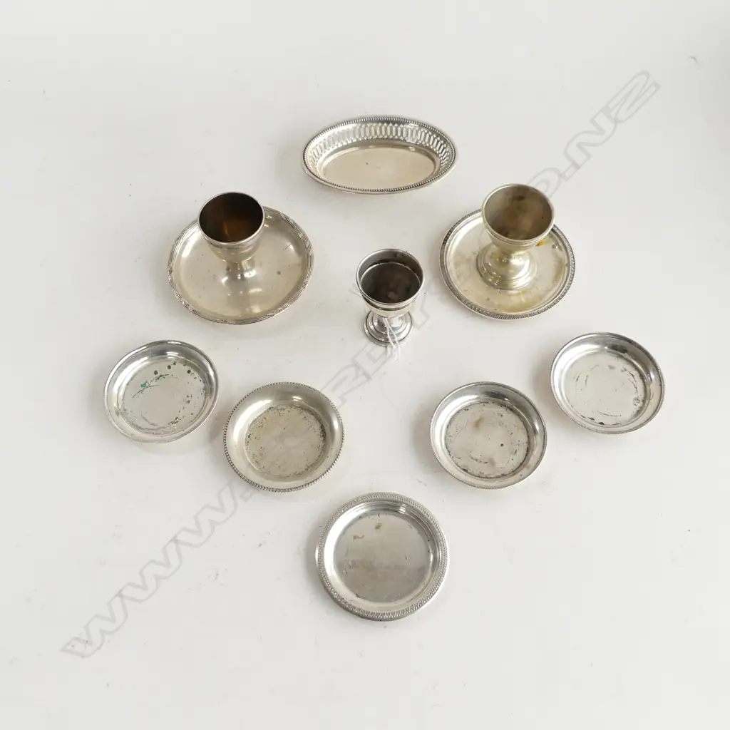 9 PCES GERMAN 800 SILVER; 3 EGG CUPS, 5 SMALL 75mm dia DISHES, PIERCED OVAL DISH L.115mm 321 GRAMS Image 1++