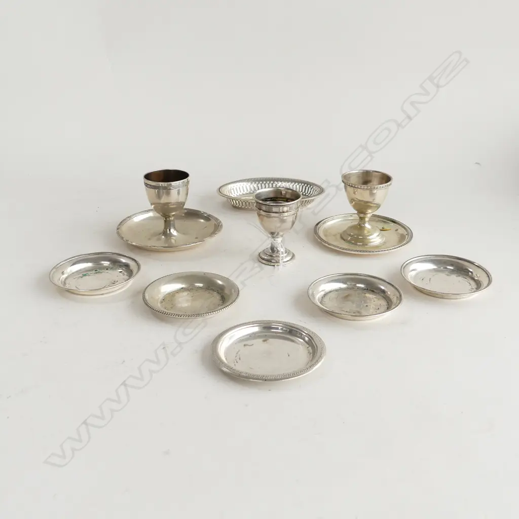 9 PCES GERMAN 800 SILVER; 3 EGG CUPS, 5 SMALL 75mm dia DISHES, PIERCED OVAL DISH L.115mm 321 GRAMS Image 1++