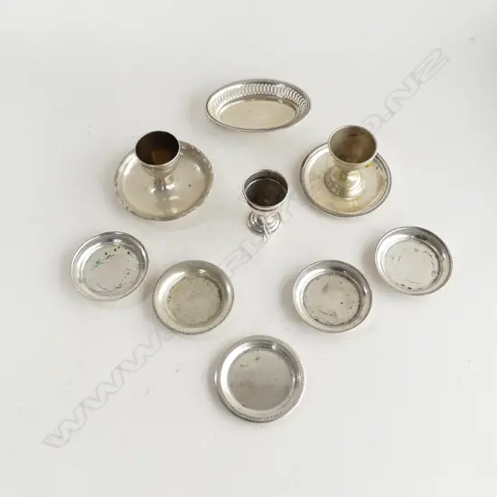 9 PCES GERMAN 800 SILVER; 3 EGG CUPS, 5 SMALL 75mm dia DISHES, PIERCED OVAL DISH L.115mm 321 GRAMS