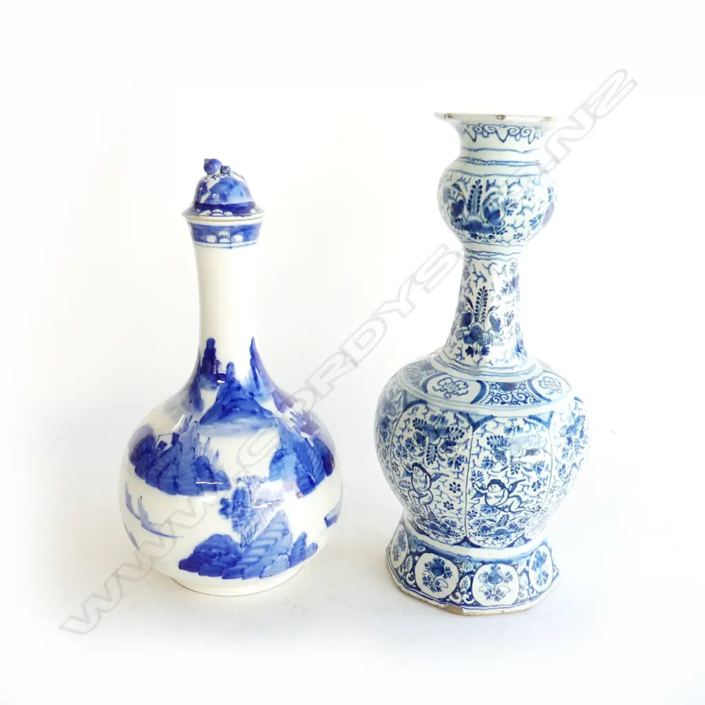 2 STONEWARE VASES BL/WH BOTH OF BULBOUS SHAPE. ONE CHINESE WITH STOPPER H.300mm OTHER MIDDLE EASTERN. H.320mm Image 1++