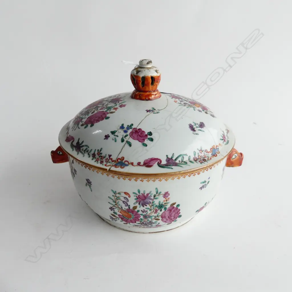 ANTIQUE ORIENTAL PORCELAIN LIDDED DISH; DECORATED w. FLOWER SPRAYS & ANIMAL HEAD HANDLES (lid repaired) 215mm dia Image 1++
