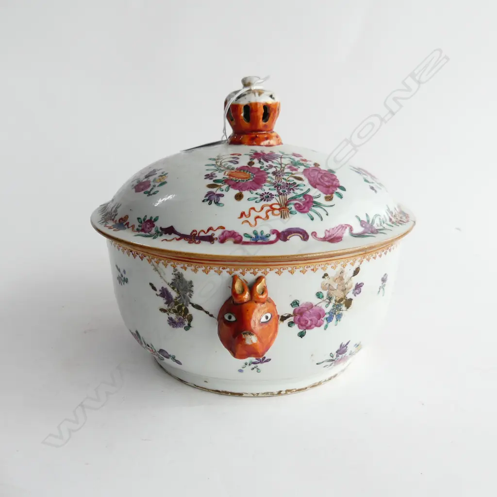 ANTIQUE ORIENTAL PORCELAIN LIDDED DISH; DECORATED w. FLOWER SPRAYS & ANIMAL HEAD HANDLES (lid repaired) 215mm dia Image 1++