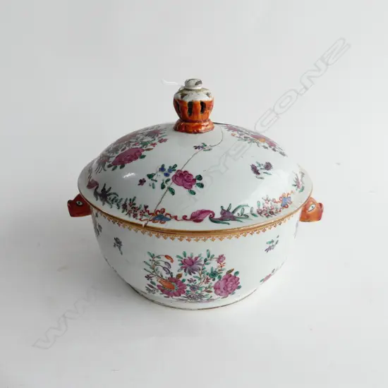 ANTIQUE ORIENTAL PORCELAIN LIDDED DISH; DECORATED w. FLOWER SPRAYS & ANIMAL HEAD HANDLES (lid repaired) 215mm dia
