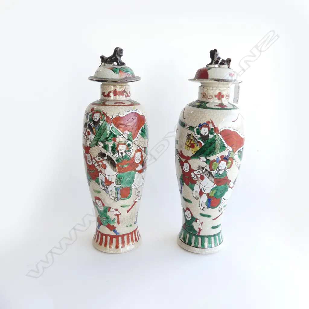 PR TALL CHINESE VASES; CRACKLE GLAZE w. HAND PAINTED WARRIORS H.340mm (LIDS CHIPPED - 1 TOO BIG) Image 1++