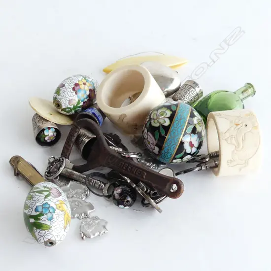 35 ASST. PCES; 8 CHARMS, 6 STG THIMBLES, 2 BONE NAPKIN RINGS, 6 KEYS, 7 MINI CLOISONNE BALLS ETC