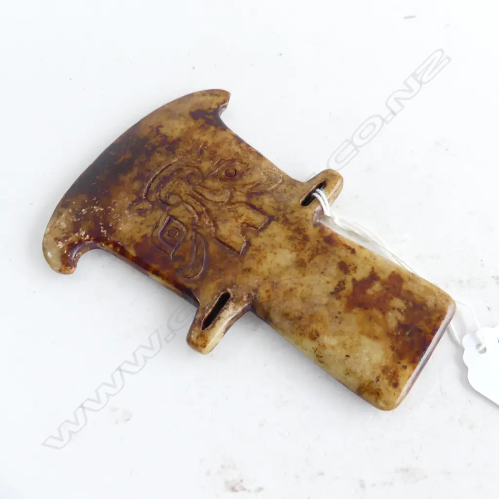 ANTIQUE CHINESE JADE AXE - CARVED FACE BOTH SIDES H.130mm Image 1++