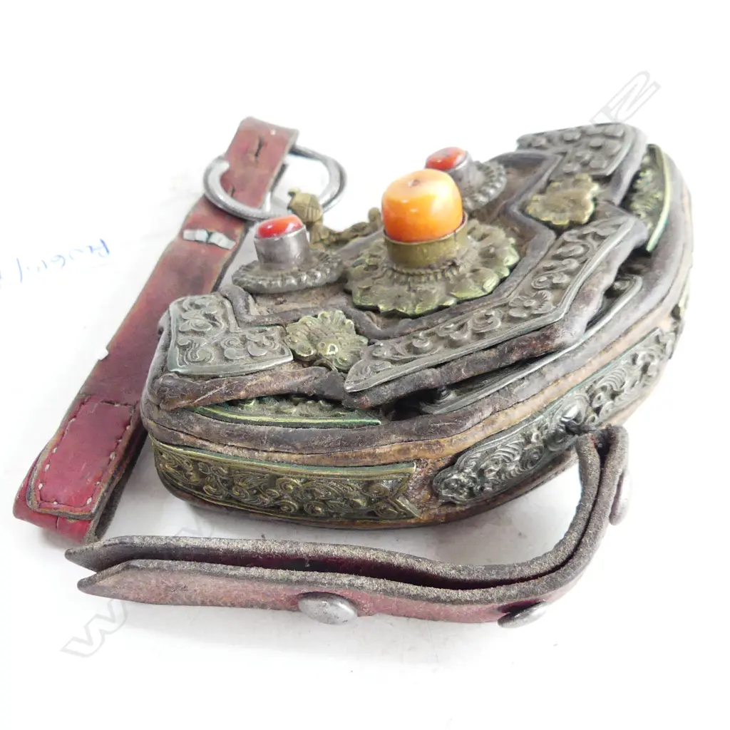 TIBETAN LEATHER POUCH; CORAL & SILVER EMBELLISHMENT W.120mm Image 1++