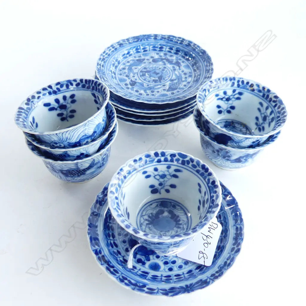 6 BL/WH SMALL FINE PORCELAIN  CHINESE TEACUPS ON SAUCERS. DECORATED WITH FISH THEMES. H. 45mm W. (SAUCERS) 110mm  Image 1++