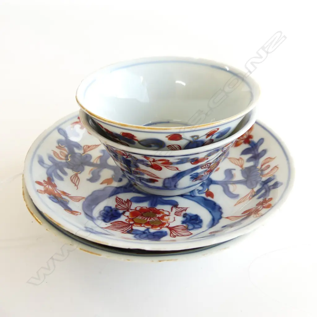 PR CHINESE IMARI TEA BOWLS & SAUCERS 120mm dia - minor rim chips Image 1++