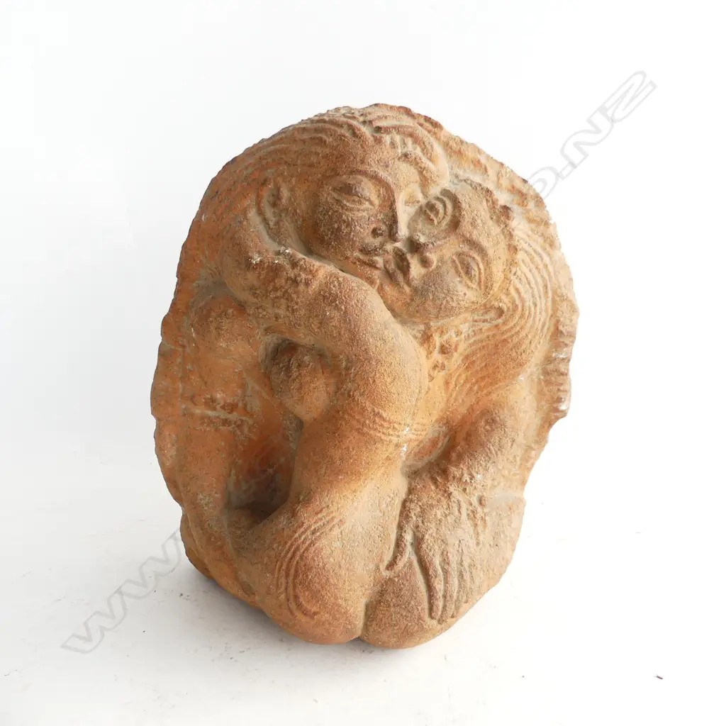 INDIAN CARVED STONE BUDIST YAB-YUM EMBRACE SHIVA & COMPANION H.200mm Image 1++