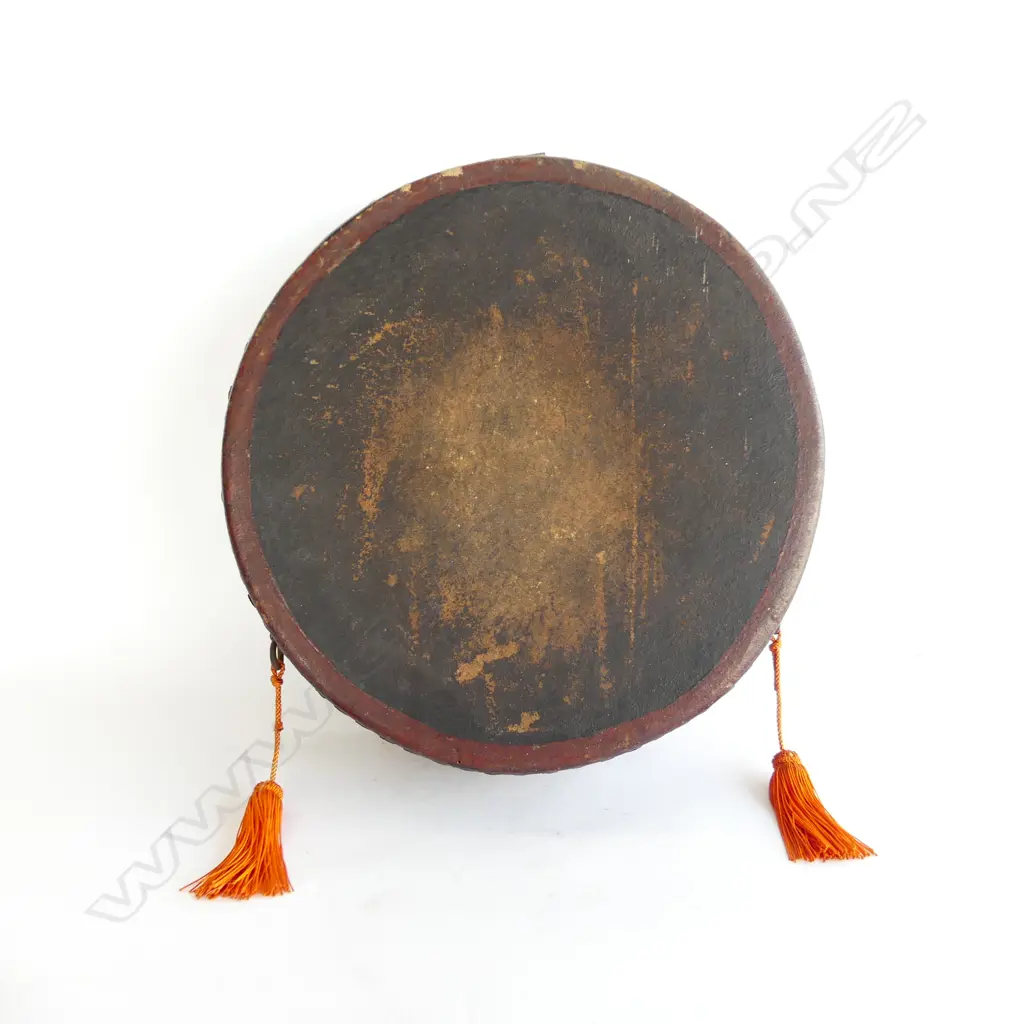 OLD JAPANESE DRUM TEAK & SKIN COVERED STUDDED Dia.340mm Image 1++