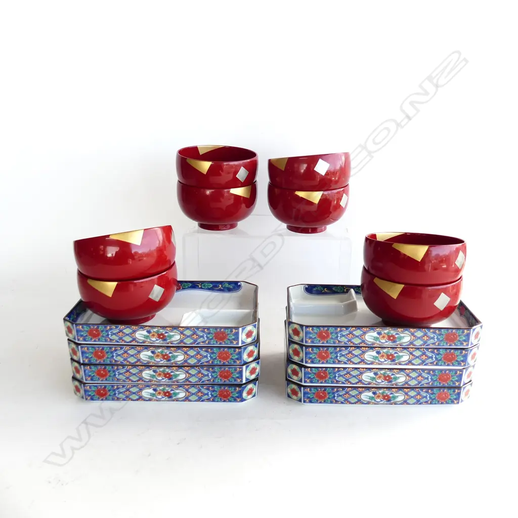 8 DECORATED JAPANESE SUSHI PLATES & 8 LACQUERED BOWLS Image 1++