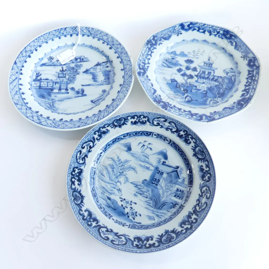 3 ANTIQUE CHINESE EXPORT B/W PLATES (ALL REPAIRED) 235mm dia Image 1++