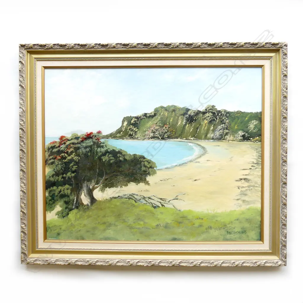 PAT THOMSON, BEACH w. POHUTUKAWA, OIL ON BOARD 600x750mm Image 1++