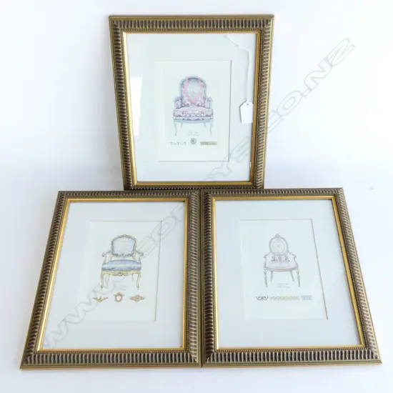 3 FRAMED FRENCH COLOURED CHAIR ENGRAVINGS H30MM W25MM