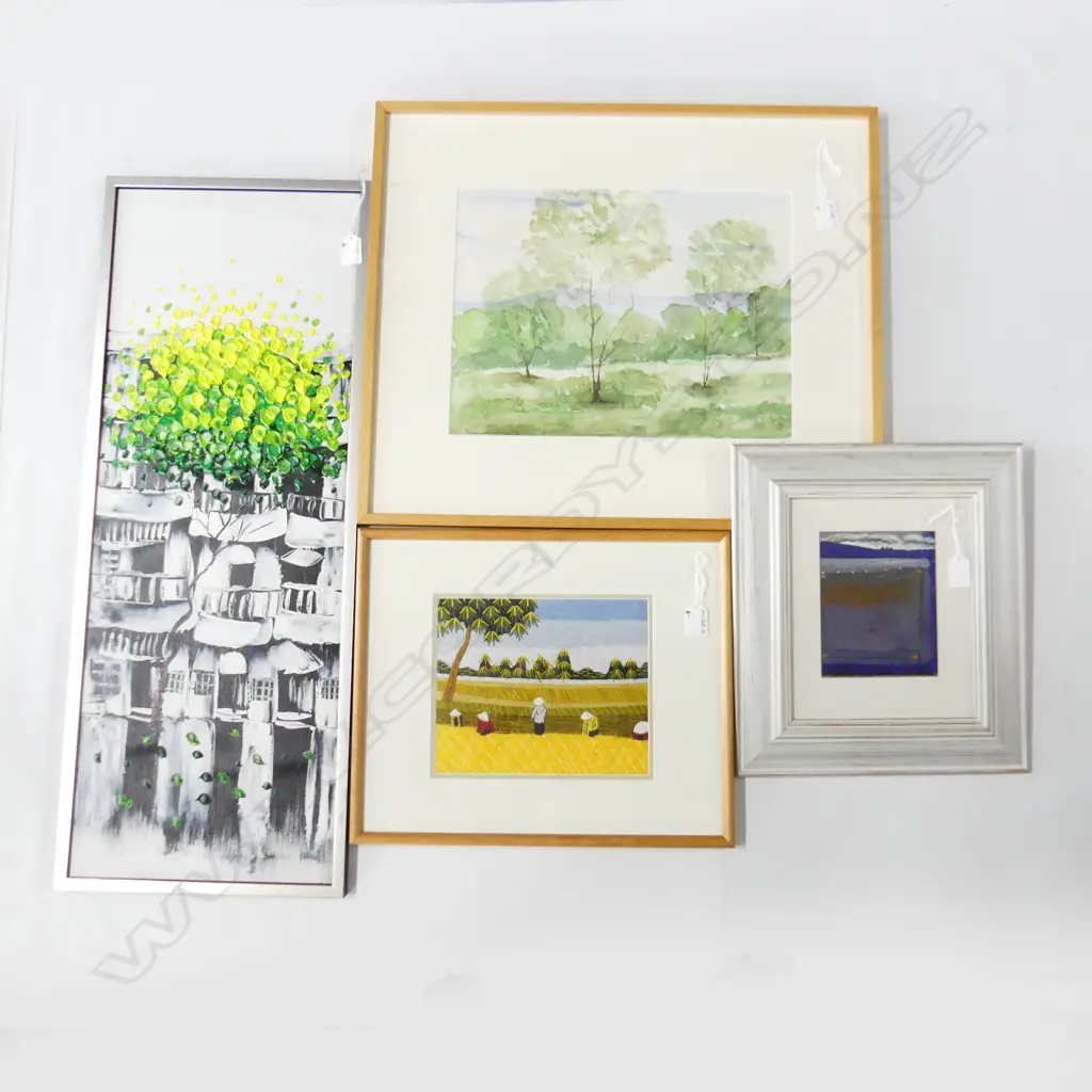 4 ARTWORKS: RANGITOTO CHANNEL + SILK STICHED -FIGURES IN A FIELD + TREE & APARTMENTS Image 1++