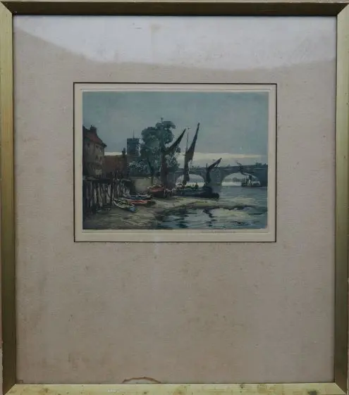 CLAUDE ROWBOTHAM (UK 1864-1959), RIVER SCENE WITH BOATS, OLD CHELSEA, LONDON, COLOURED AQUATINT, 180mm x 220mm Image 1++