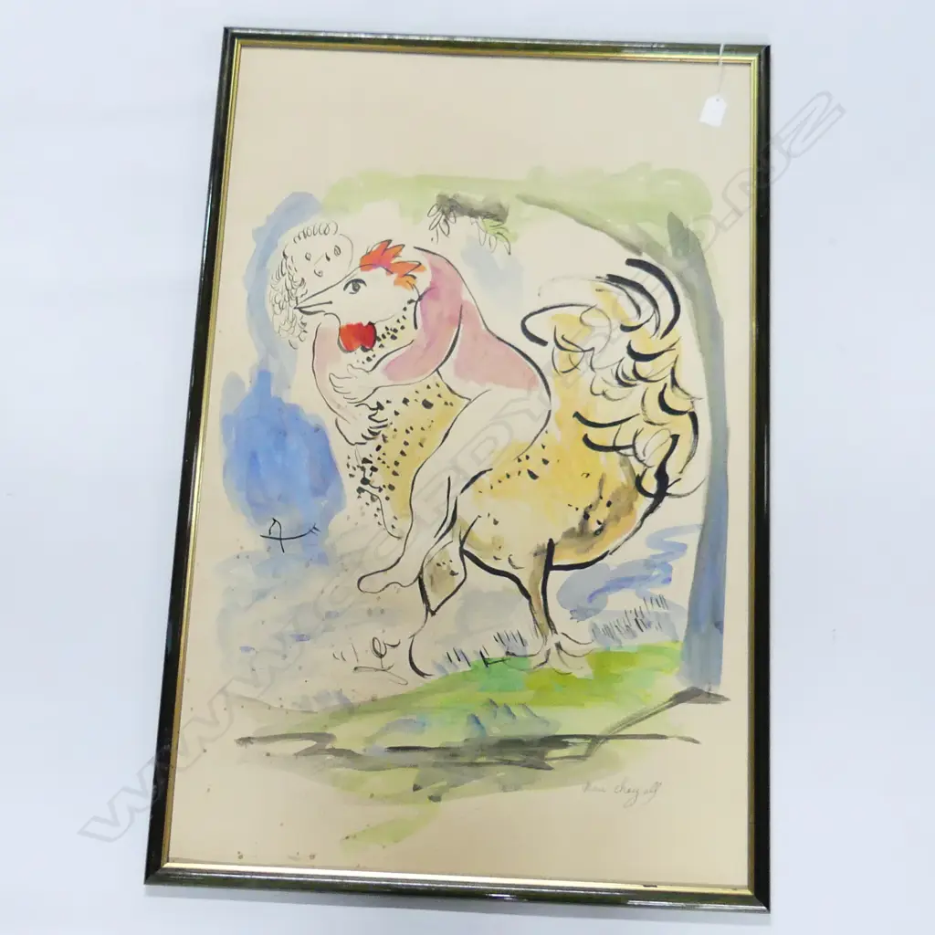 AFTER MARC CHAGALL WOMAN & ROOSTER WATERCOLOUR 880 x 570mm Image 1++