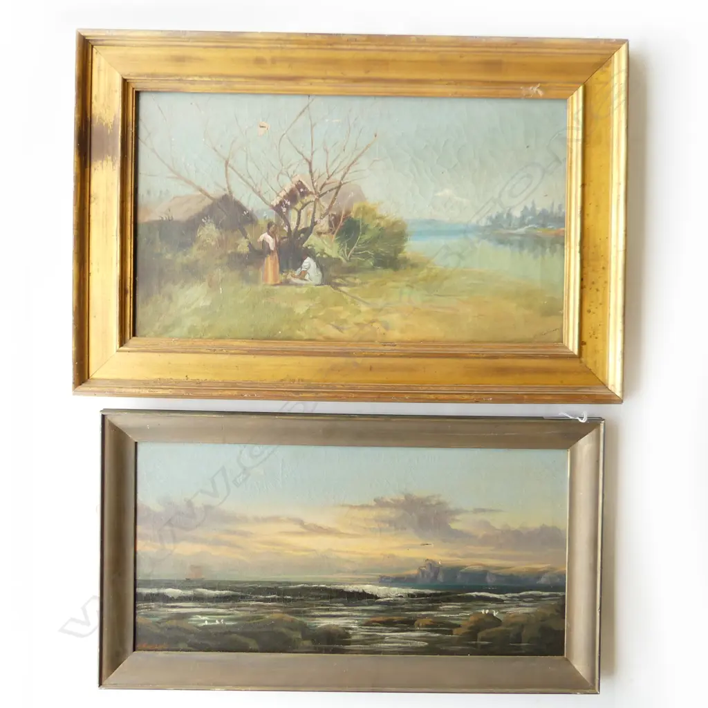 TWO ANTIQUE OIL ON CANVAS LANDSCAPES BOTH SIGNED AND WITH DAMAGE LARGEST H320MM W580MM Image 1++