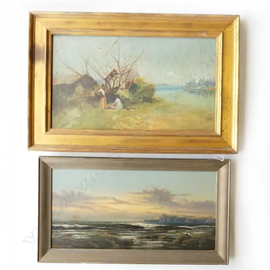 TWO ANTIQUE OIL ON CANVAS LANDSCAPES BOTH SIGNED AND WITH DAMAGE LARGEST H320MM W580MM