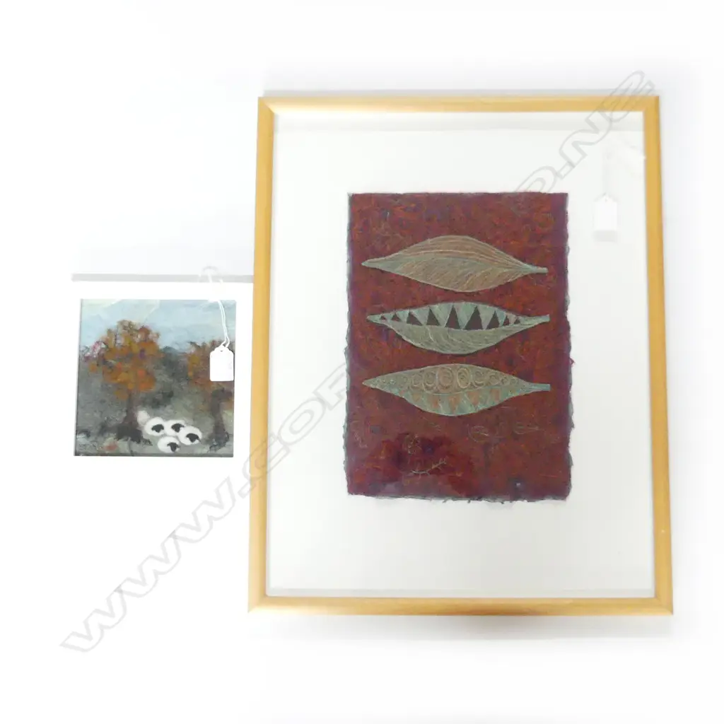 2 TEXTILE FRAMED ARTWORKS; MAREE GARSTANG 'Hidden Disquiet' 320 x 230mm + other smaller Image 1++