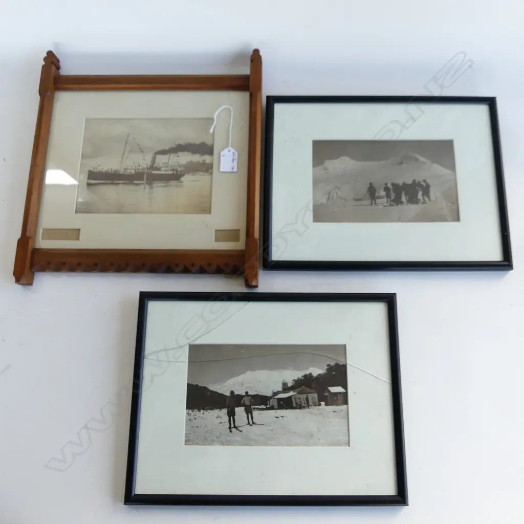 OLD FRAMED PHOTO SS ROTOITI + 2 OLD SKIING PHOTOS 1 W BROKEN GLASS Image 1++