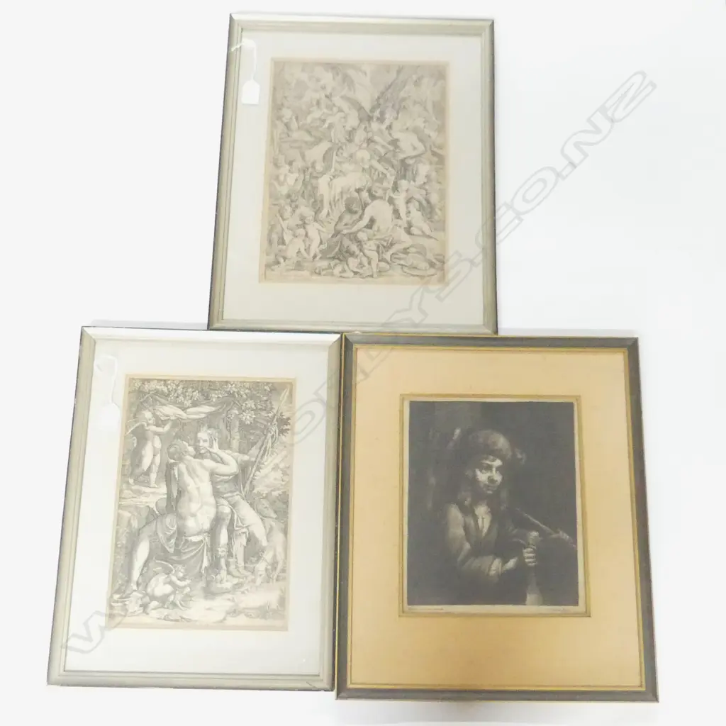 3 FRAMED WORKS. TWO ENGRAVINGS IN THE MANNER OF DRURER AND AN ETCHING. Image 1++