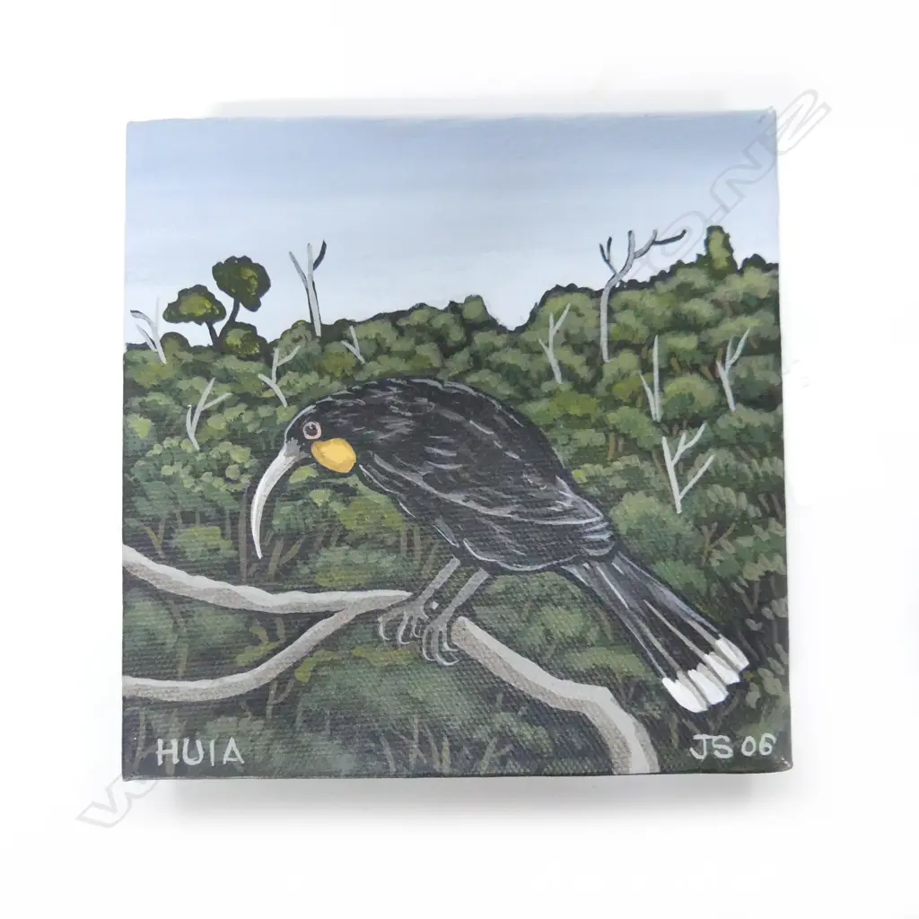 SMALL OIL THE LAST HUIA BY JOHN STAMFORD 150MM SQUARE Image 1++