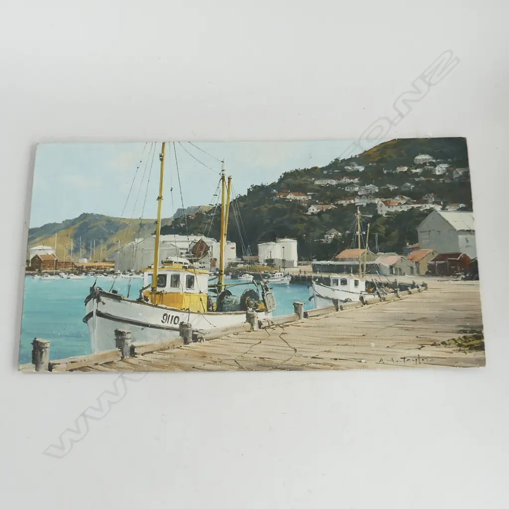A.A.? TAYLOR ACRYLIC ON BOARD. HARBOUR SCENE. 250 X 480mm  Image 1++