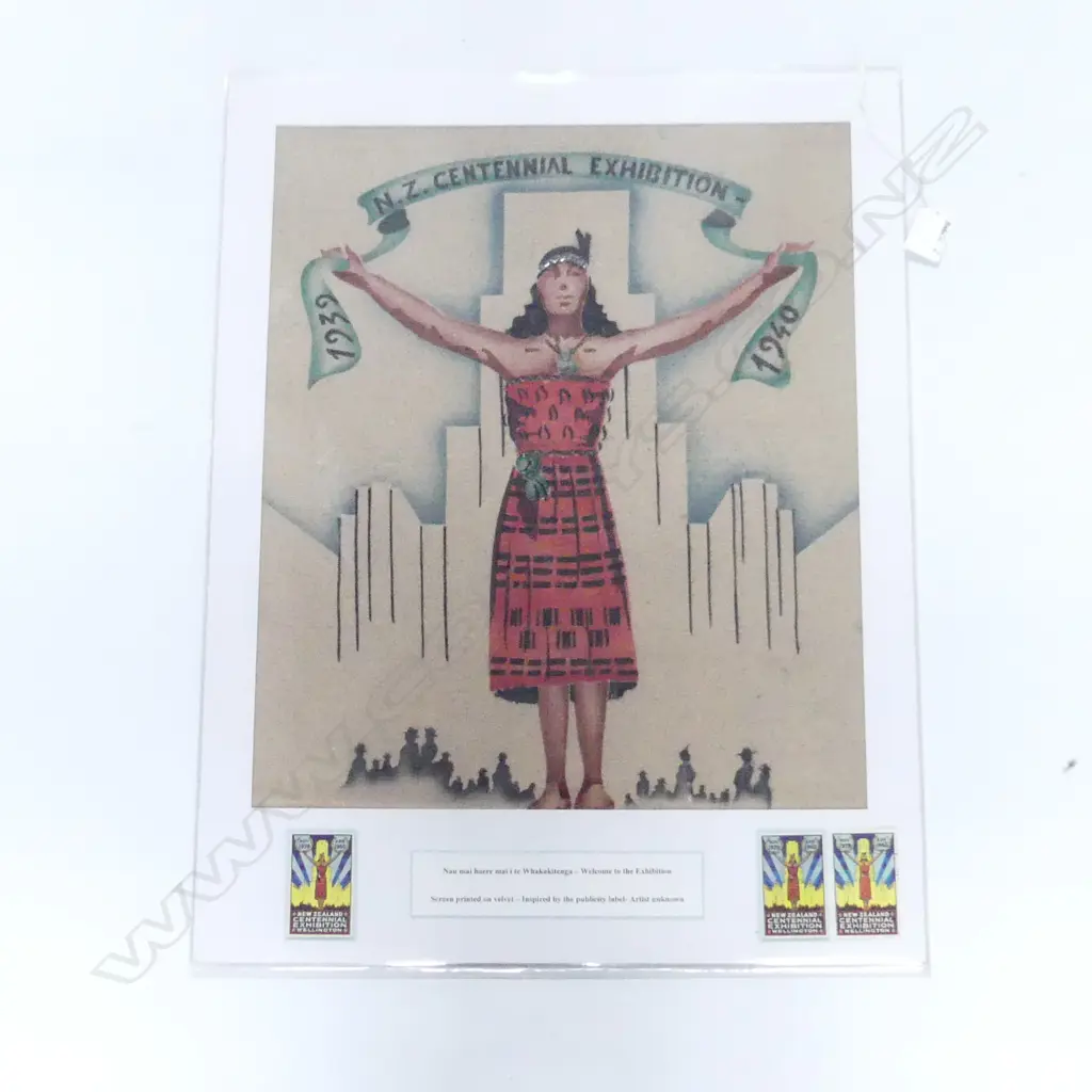 NZ CENTENNIAL EXHIBITION 1939-40, MOUNTED370 X 435MM POSTER SCREEN PRINTED ON VELVET  Image 1++