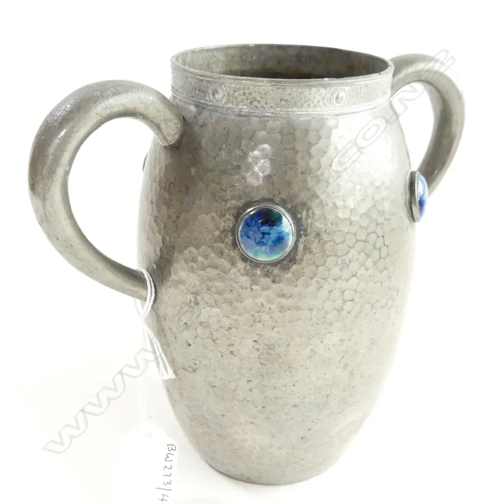 ARTS & CRAFTS CIVIC PEWTER 2 HANDLED VASE WITH BLUE POTTERY MEDALIANS H170MM Image 1++