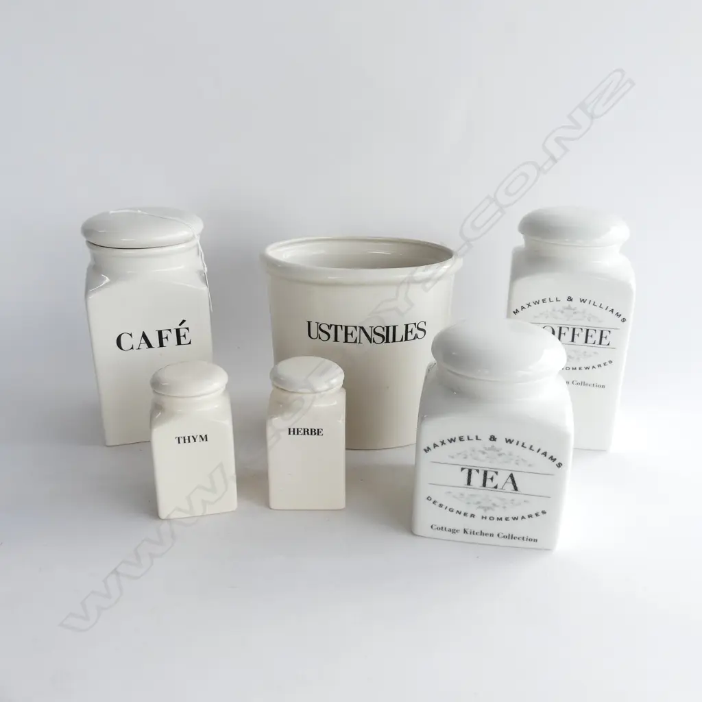 6 WHITE CERAMIC KITCHEN CONTAINERS BY HABITAT ETC 'USTENSILES', CAFE, HERBE, THYM H.200mm Image 1++