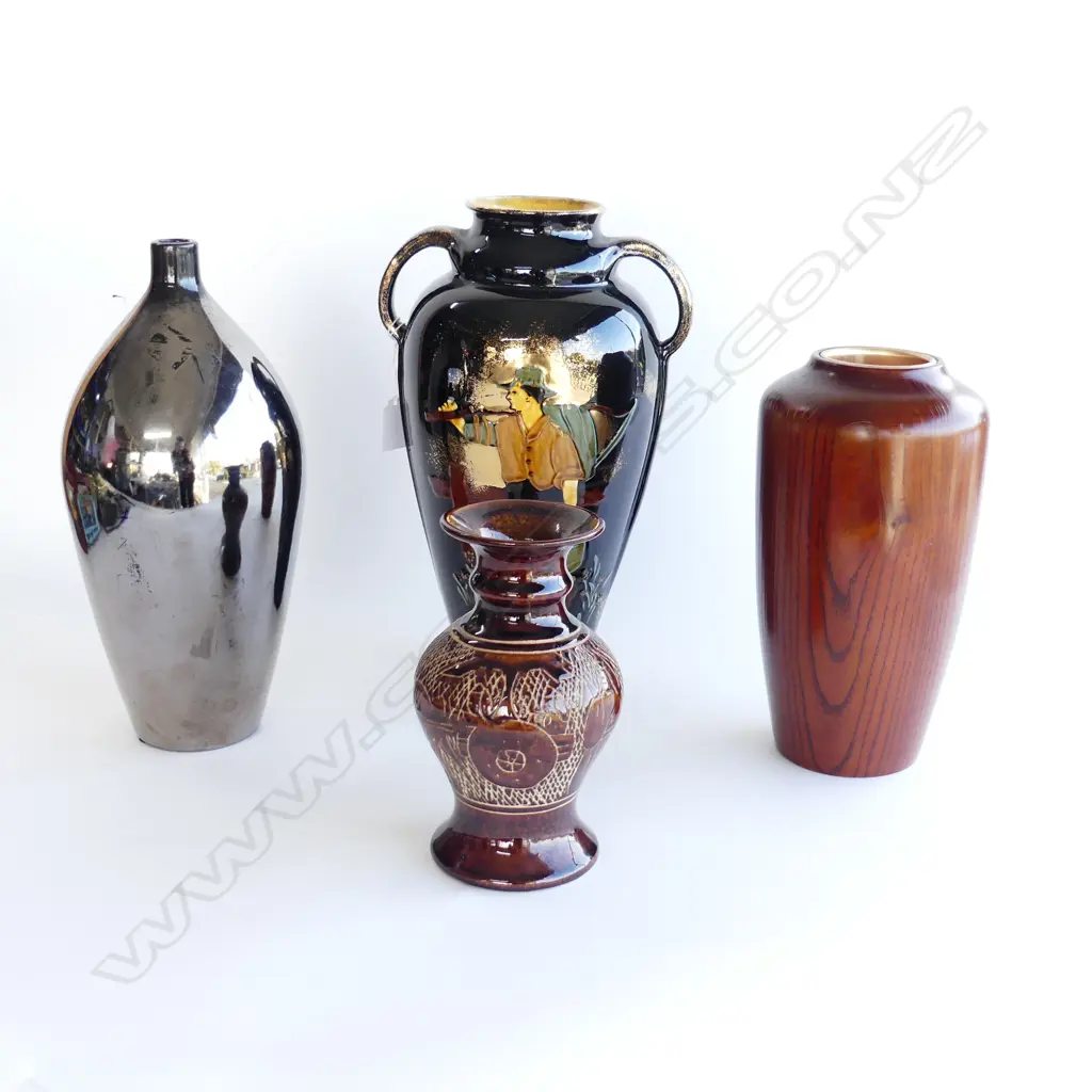 4 LG VASES; BLACK CERAMIC DOUBLE HANDLES H.315mm, LUSTRE, WOODEN, POTTERY Image 1++