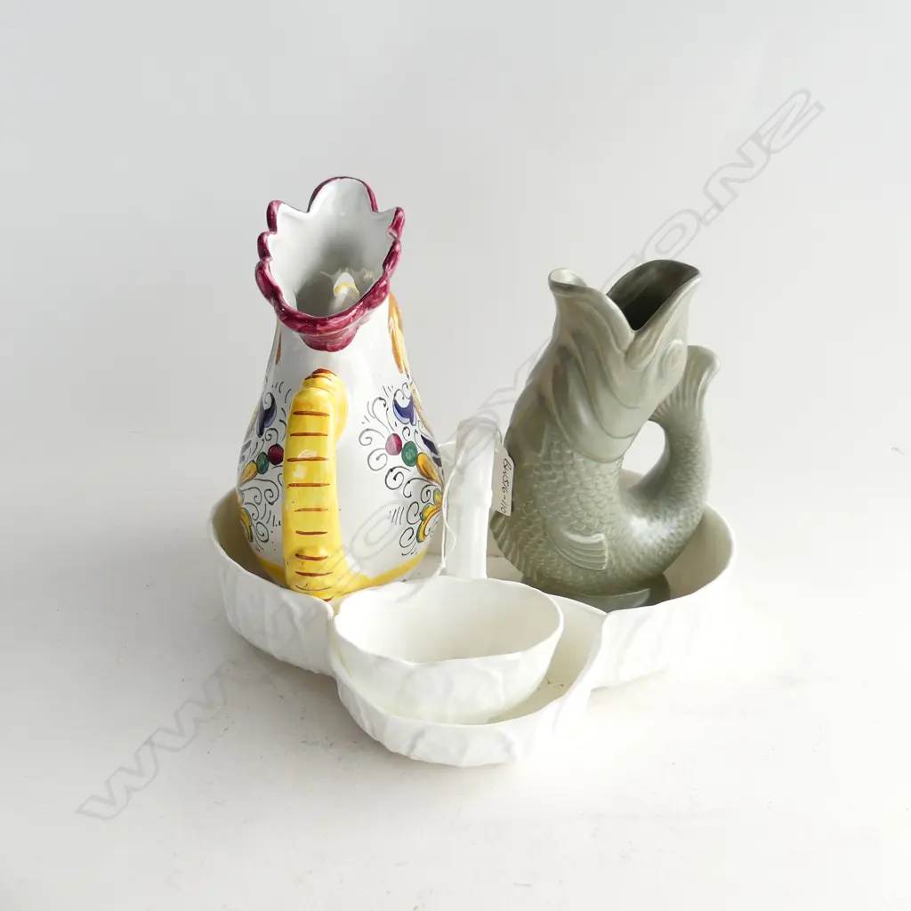WEDGEWOOD DISH W SML DISH & JUG. DARTMOUTH FISH VASE AF. PORTUGUESE ROOSTER JUG  Image 1++