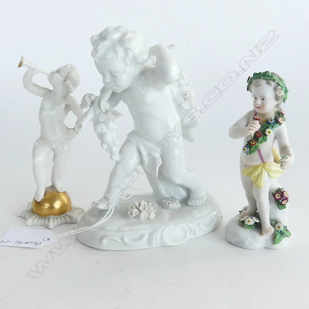 3 quality GERMAN PORCELAIN FIGURINES, 2 PUTTI & 1 YOUNG BOY WITH FLOWERS Alka. Hutchenreuther etc Image 1++