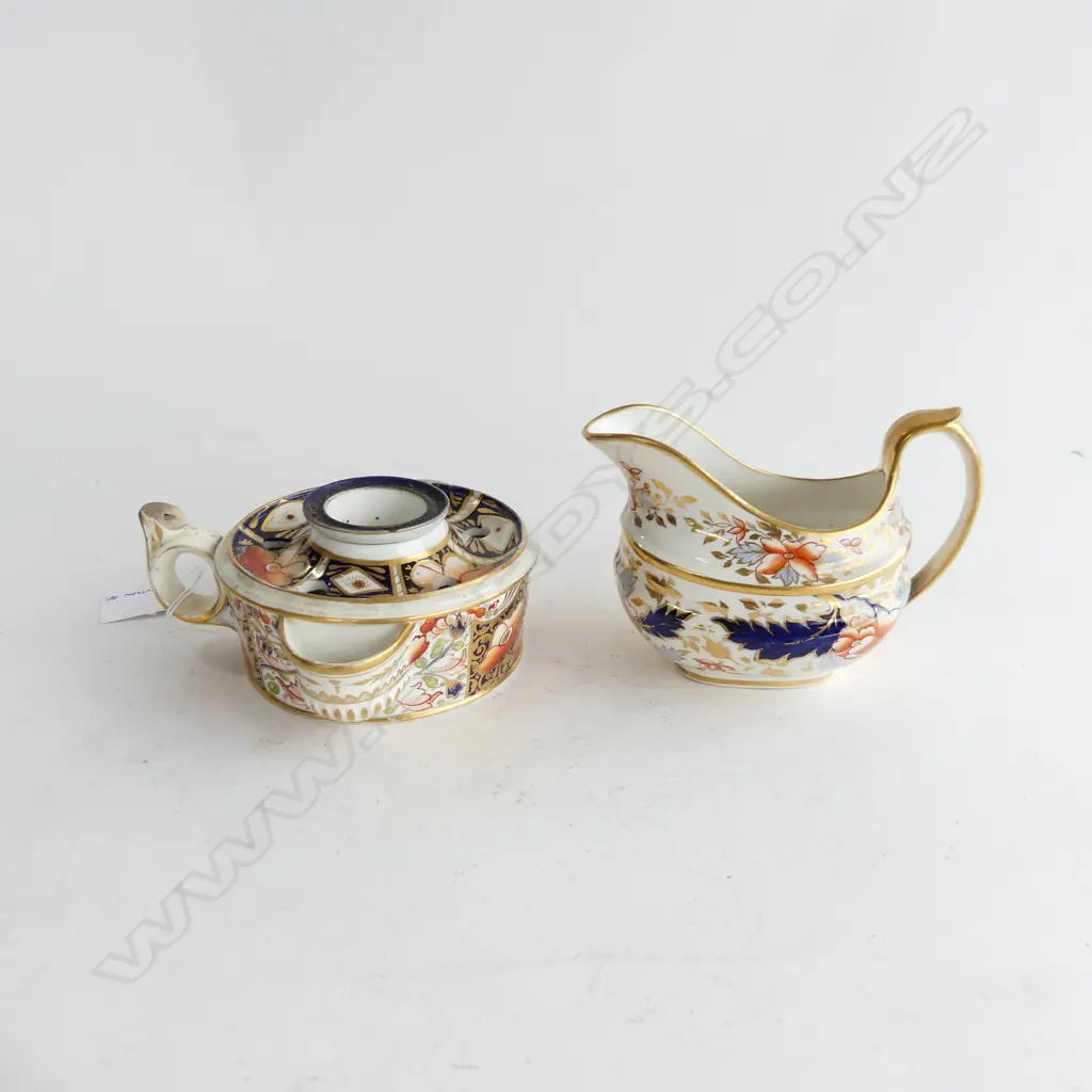 2 ANTIQUE 19thC IMARI PCES; SAUCE BOAT & INKWELL 120mm dia Image 1++