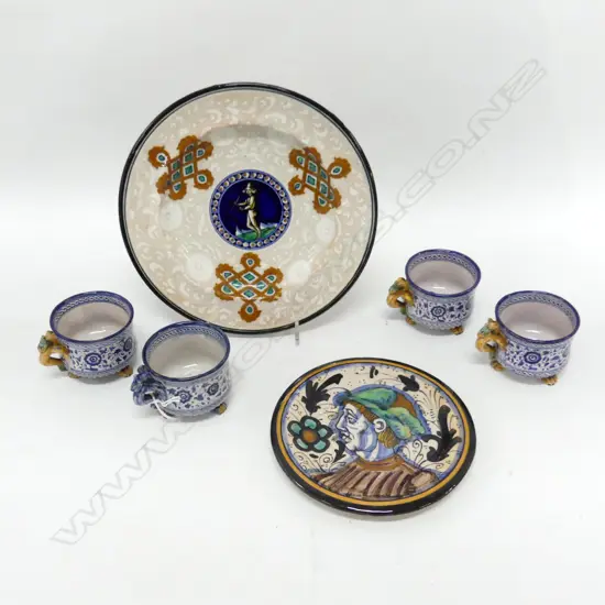 4 x 20thC ITALIAN MAJOLICA CHINA CUPS (faulted) PLATE AND SAUCER (chips)