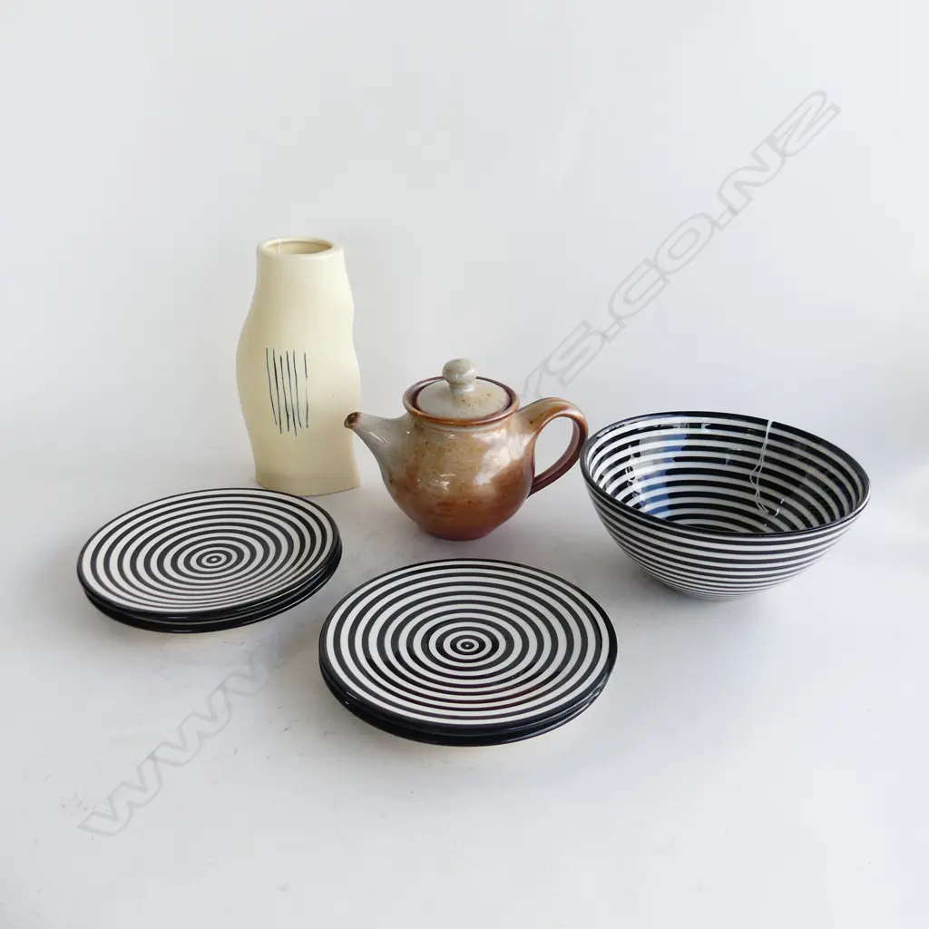 B&W STRIPED BOWL & 4 PLATES, TEAPOT & VASE Image 1++