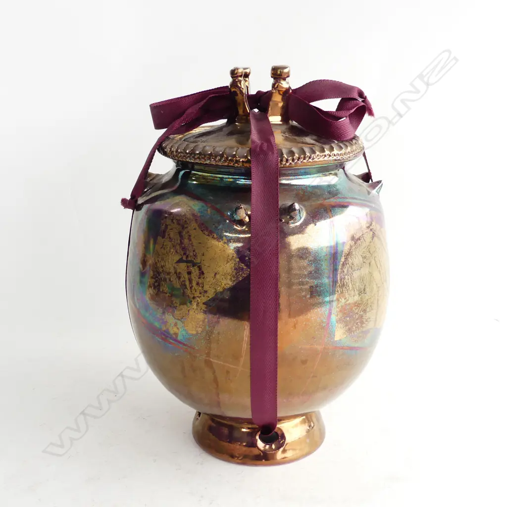 LGE LUSTRE GLAZED & GOLD LEAF URN WITH LID,TIED W RIBBON. H.280MM DIA 180MM Image 1++