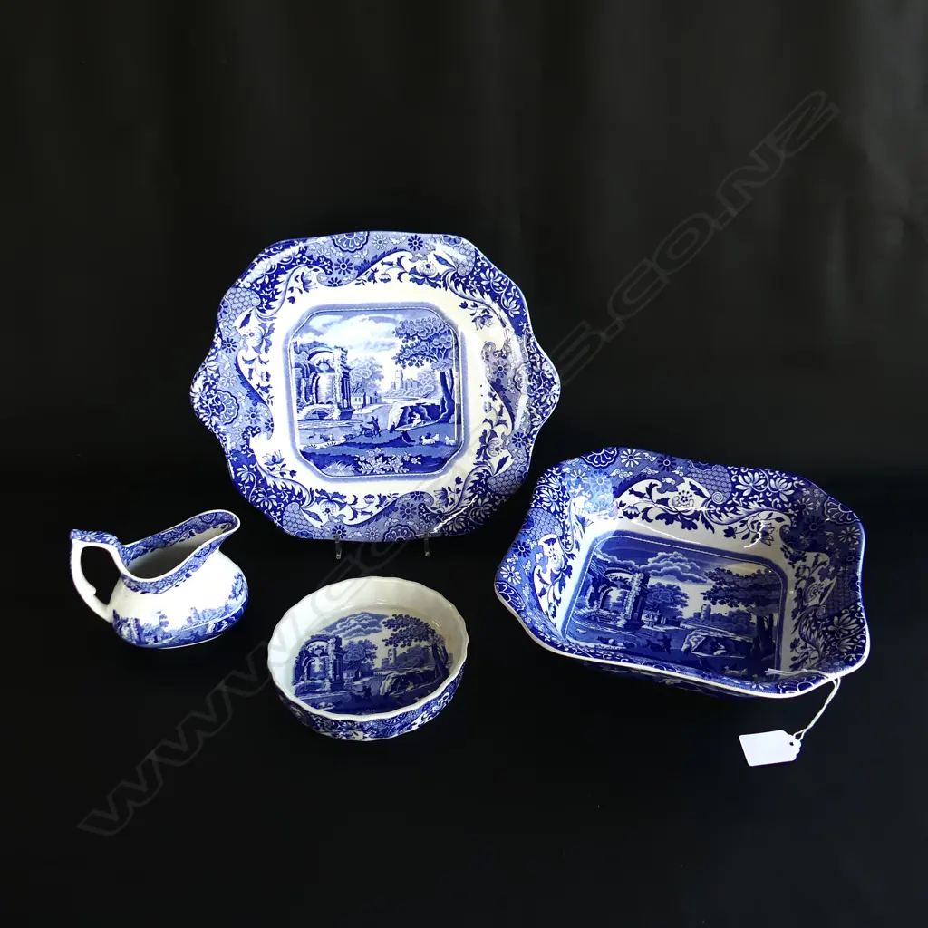 4 SPODE BLUE ITALIAN PATTERN PCS; CAKE PLATE, LG SQ SERVING BOWL, SM RAMEKIN & MILK JUG Image 1++