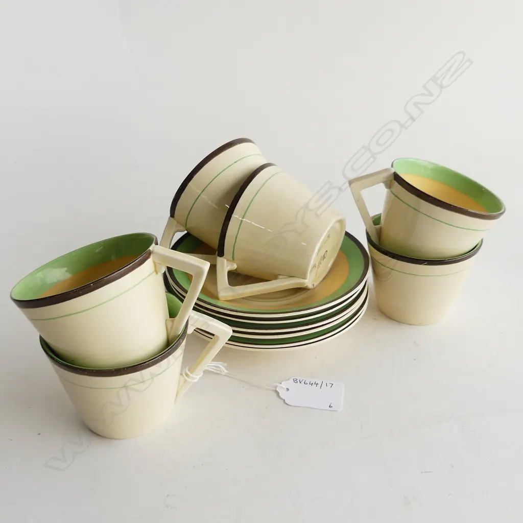 CLARICE CLIFF 6 CONICAL CUP SAUCERS YELLOW GREEN BANDED PAT H65MM Image 1++